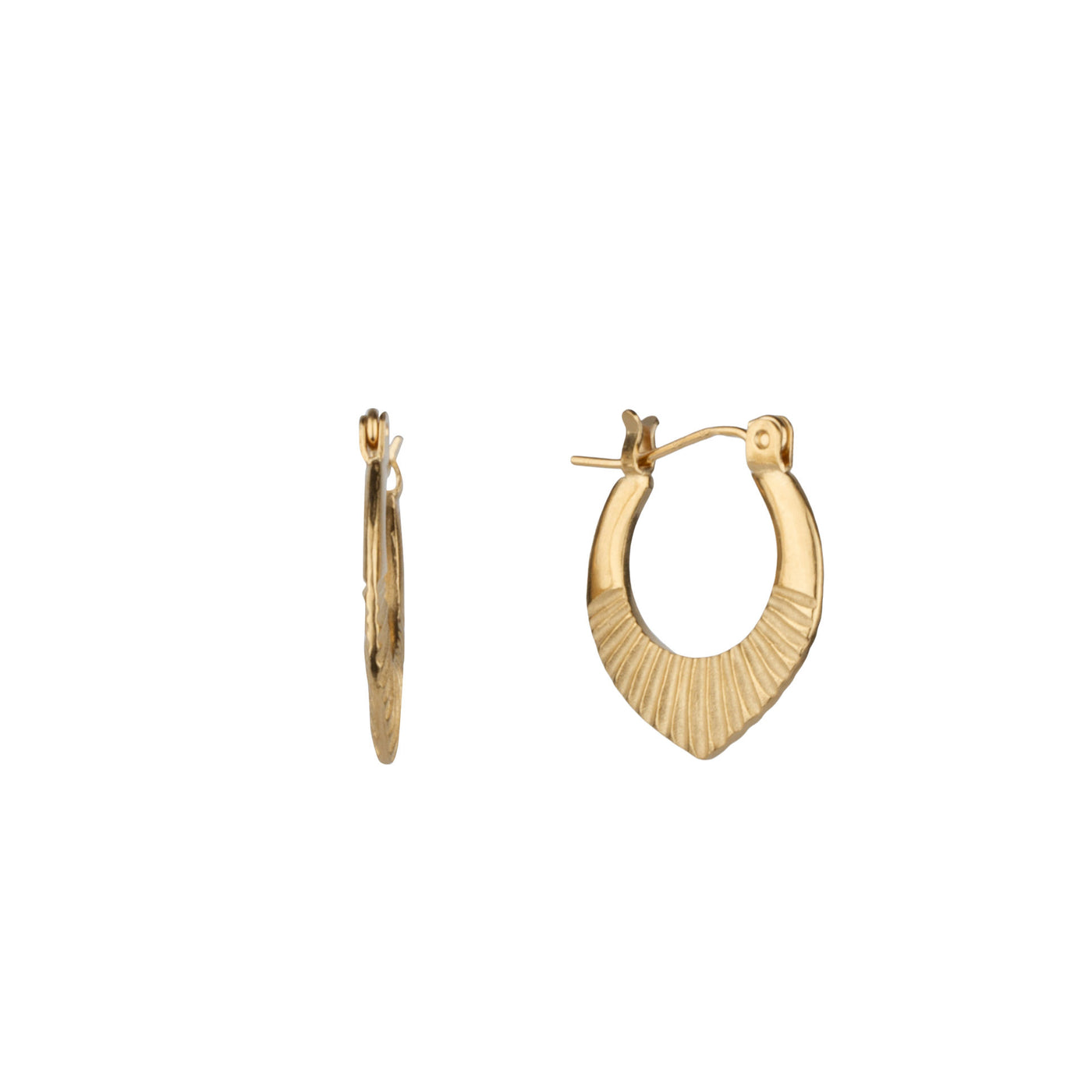 Gold Vermeil Small Oblong hoops with hinge closure and sunburst bottom by Corey Egan side view on a white background