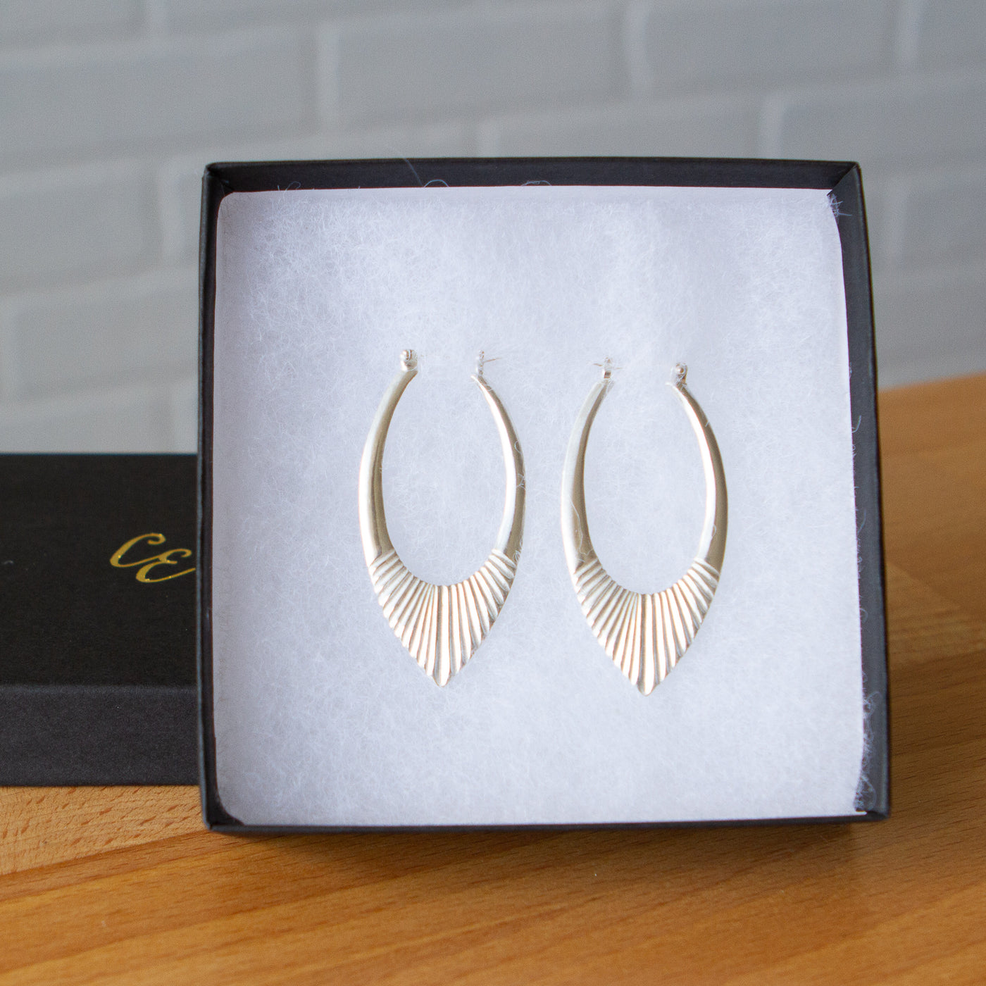Large Silver Helios Hoops by Corey Egan in a gift box