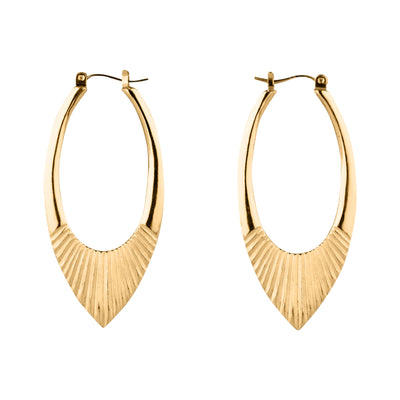 Gold Vermeil Large Oblong hoops with hinge closure and sunburst bottom by Corey Egan on a white background