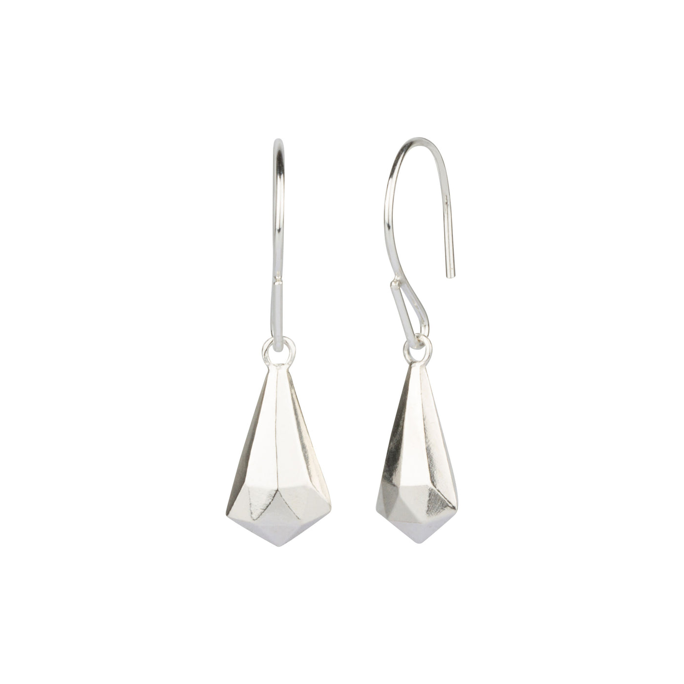 Side view of silver Faceted Drop Dangle Earrings on a white background