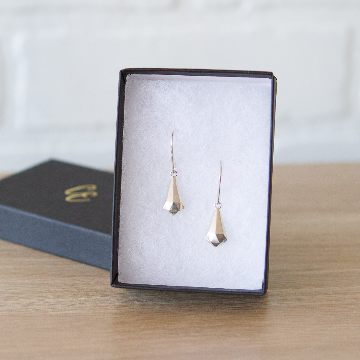 Silver Faceted Drop Dangle Earrings in a gift box
