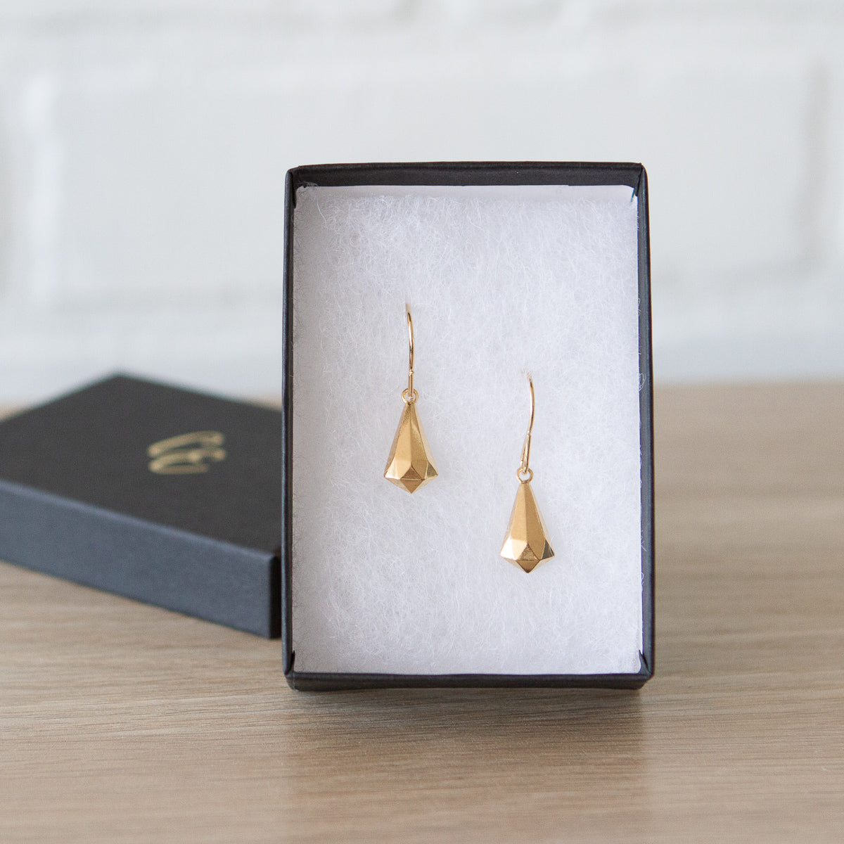 Vermeil Crystal Fragment Dangle Earrings on a white background in a gift box