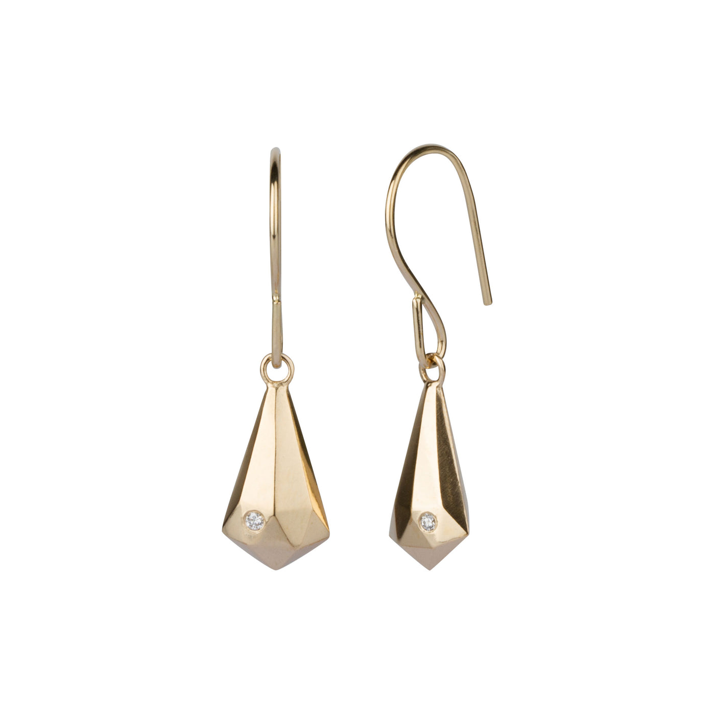 Side view of Gold and Diamond Faceted Drop Dangle Earrings on a white background