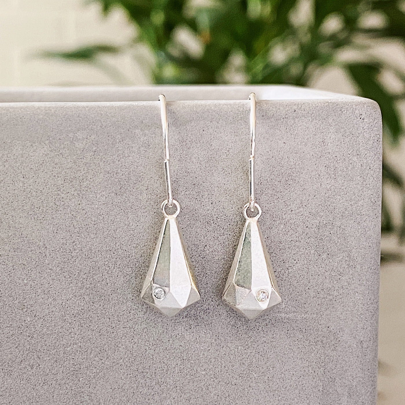 Silver Faceted Drop Dangle Earrings with diamonds