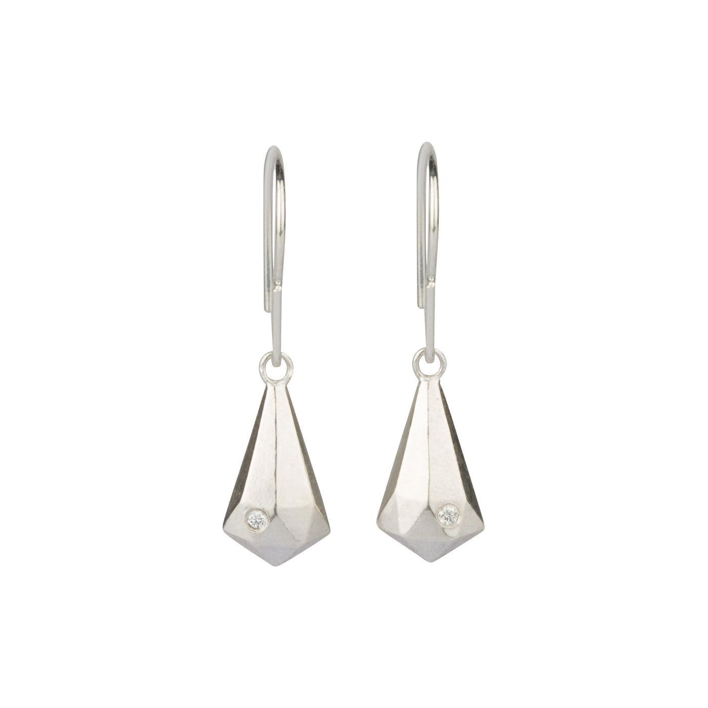 Silver Faceted Drop Dangle Earrings with diamonds on a white background