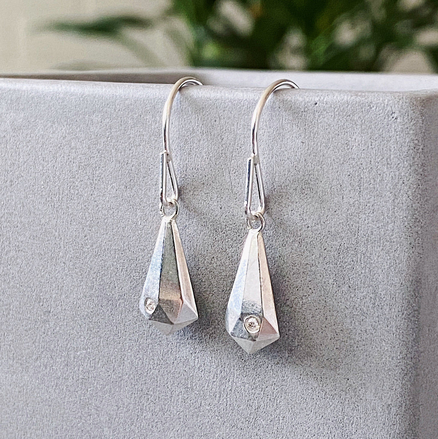 Silver Faceted Drop Dangle Earrings with diamonds