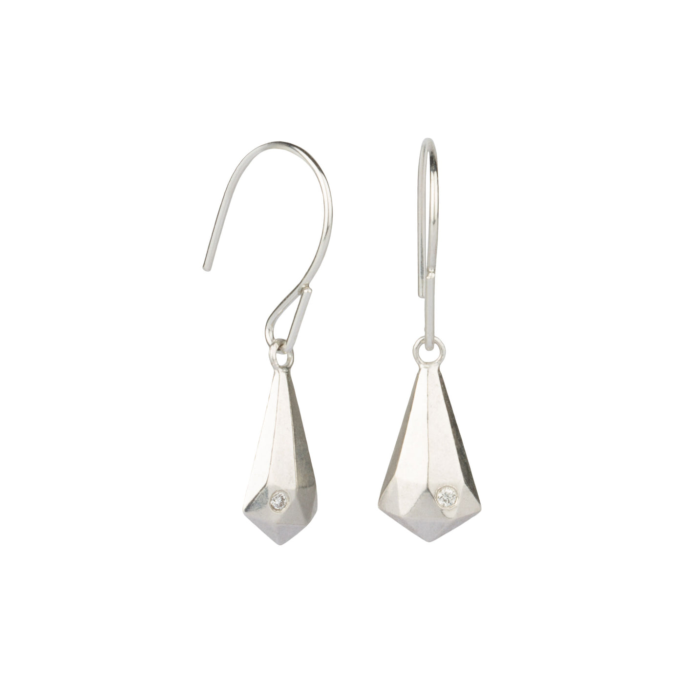 Side view of silver Faceted Drop Dangle Earrings with diamonds on a white background