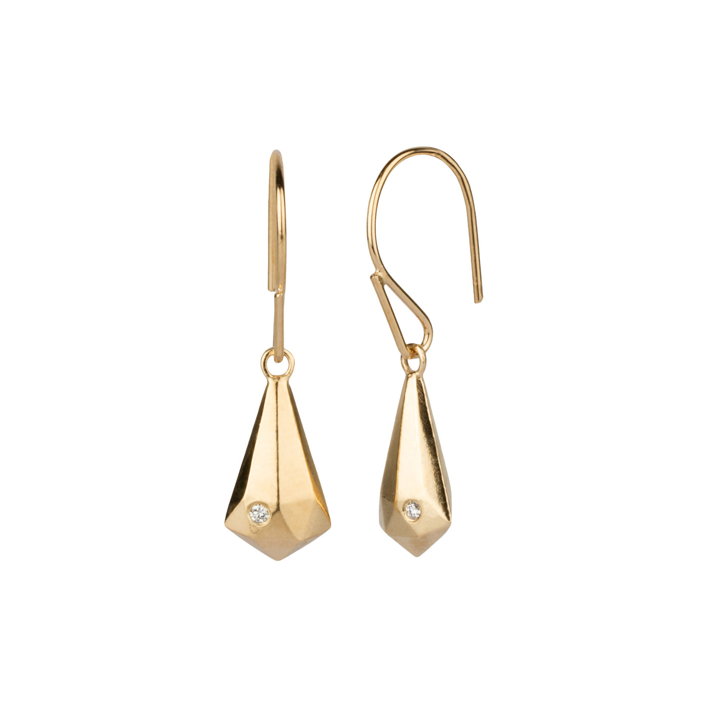 Side view of Gold Vermeil and Diamond Faceted Drop Dangle Earrings on a white background