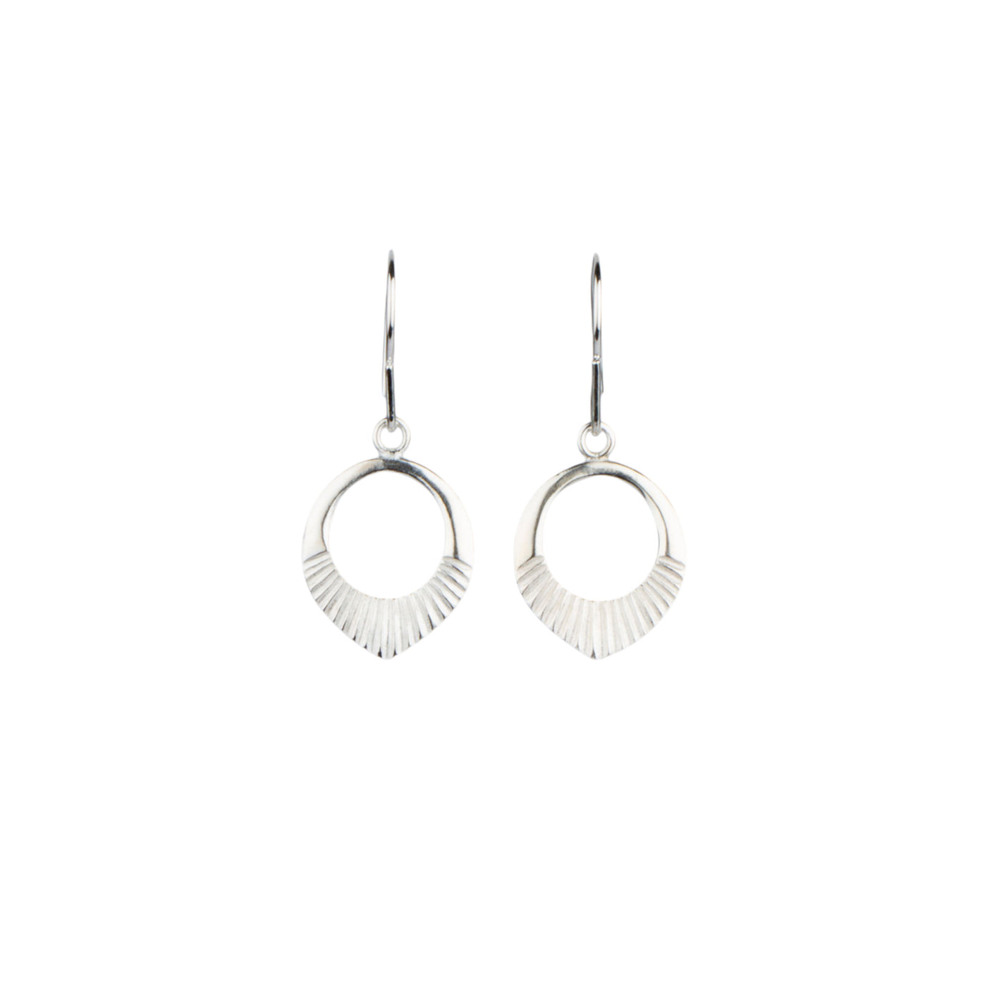 silver small open petal shape earrings with textured bottoms on a white background