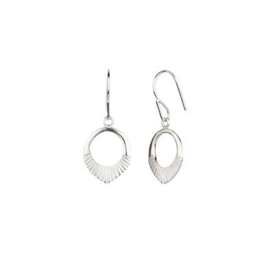 Side view silver small open petal shape earrings with textured bottoms on a white background