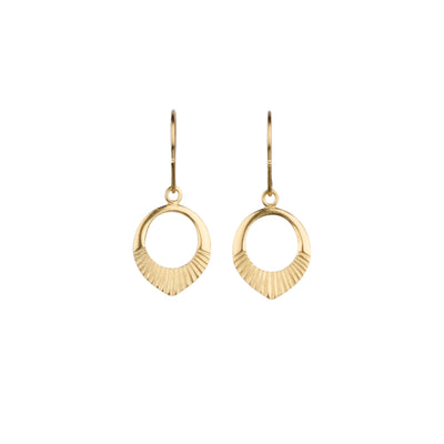 Gold vermeil small open petal shape earrings with sunburst bottoms on a white background