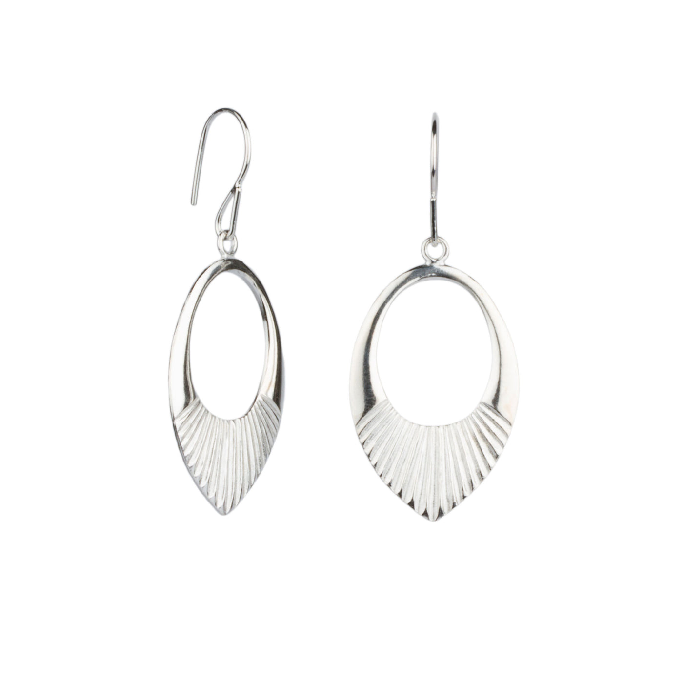 Silver Medium open petal shape earrings with textured bottoms side view