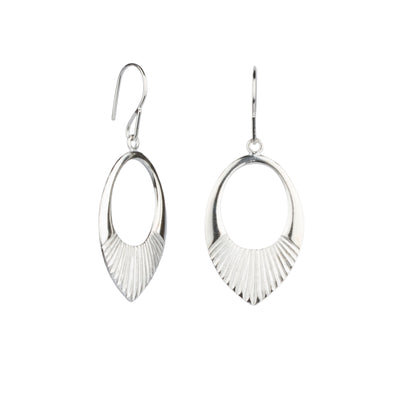 Silver Medium open petal shape earrings with textured bottoms side view