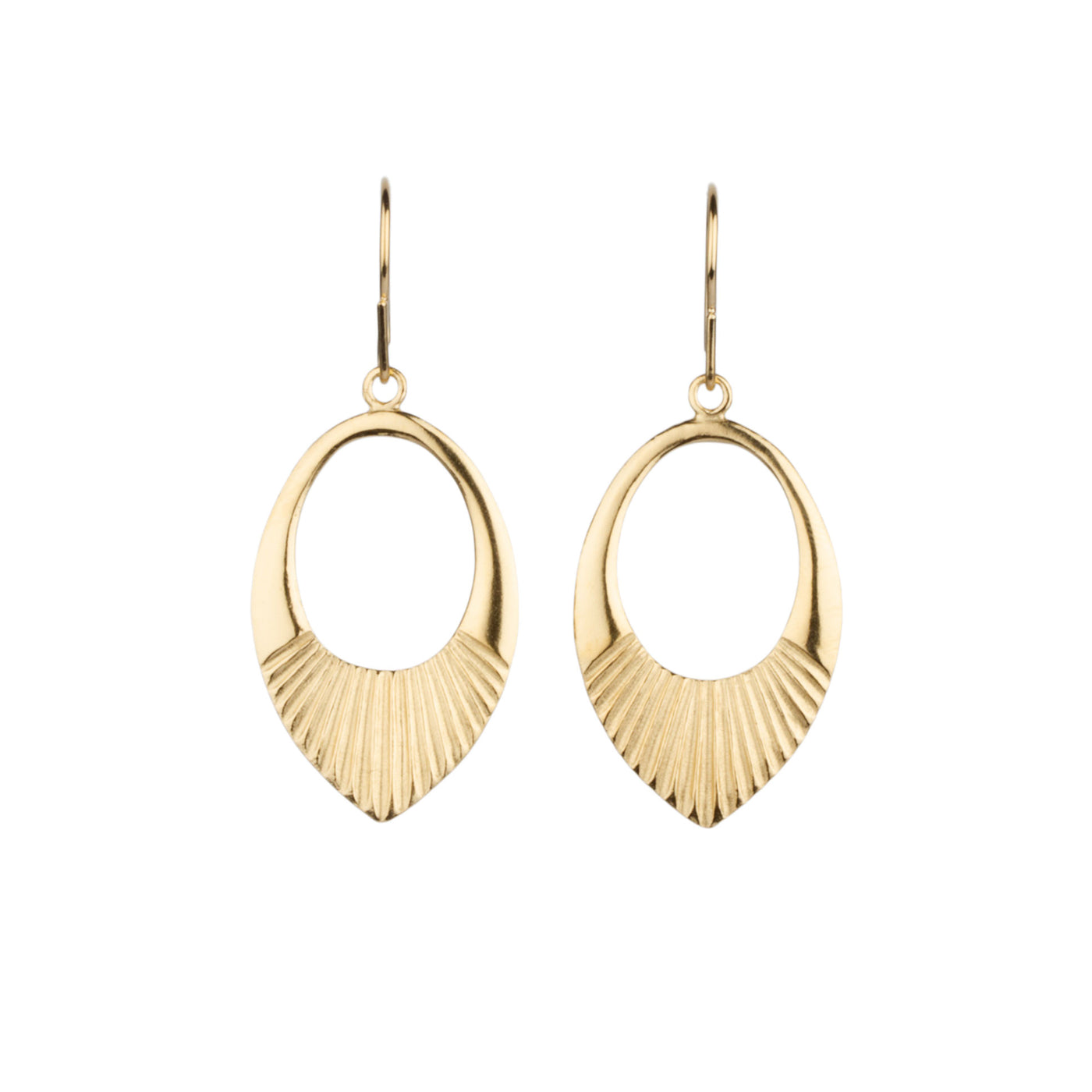 Gold vermeil medium open petal shape earrings with textured bottoms on a white background