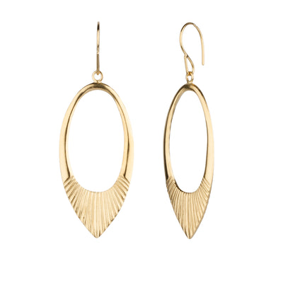 Gold vermeil large open petal shape earrings with textured bottoms on a white background