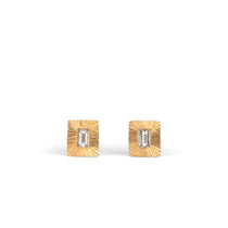 Rectangle 14k yellow gold Aurora stud earrings with baguette diamond centers and engraved rays on a white background