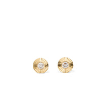 14k yellow gold micro aurora stud earrings with diamond centers and an engraved halo border