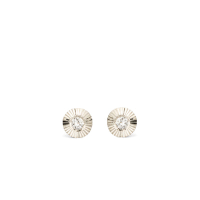 Sterling silver micro aurora stud earrings with diamond centers and an engraved halo border