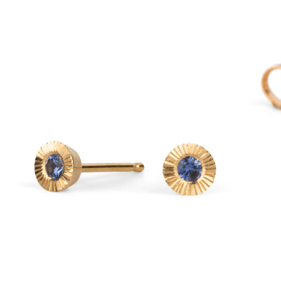14k yellow gold small engraved Aurora stud earrings with blue Yogo Montana Sapphires on a white background alternate view