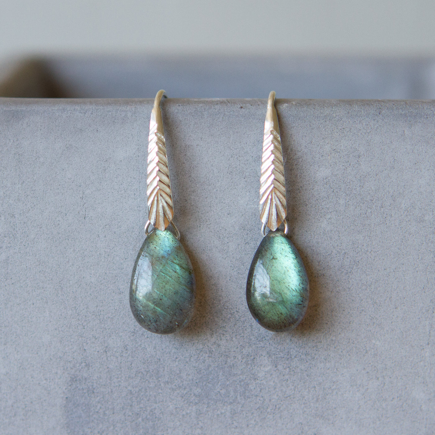 sterling silver Herringbone dangle earrings with pear shape smooth labradorite drops