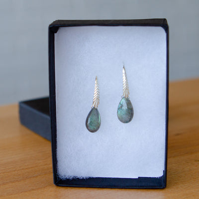 sterling silver Herringbone dangle earrings with pear shape smooth labradorite drops in a gift box