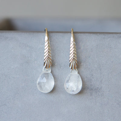 sterling silver Herringbone dangle earrings with pear shape moonstone drops