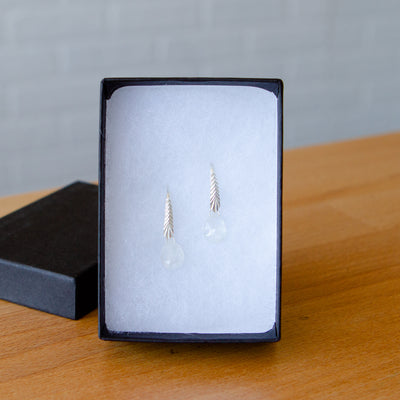 sterling silver Herringbone dangle earrings with pear shape moonstone drops in a gift box