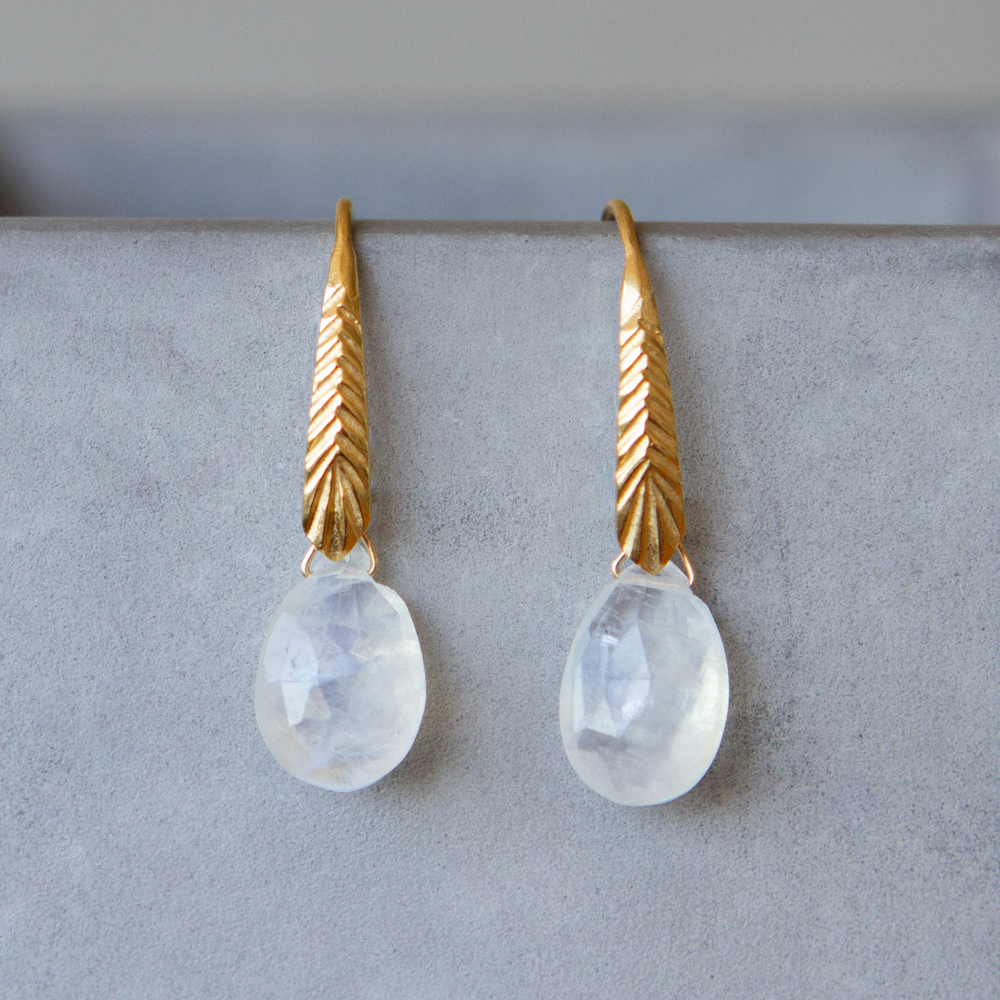 Vermeil Herringbone dangle earrings with pear shape moonstone drops