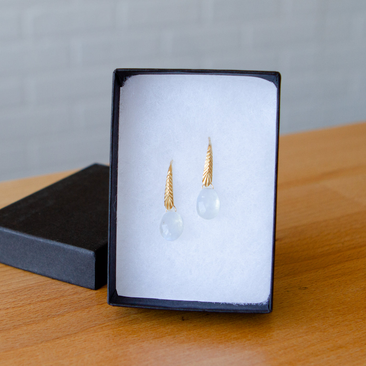 Vermeil Herringbone dangle earrings with pear shape moonstone drops in a gift box