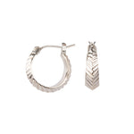 Hoop earrings with hinge closure and herringbone carved texture in sterling silver