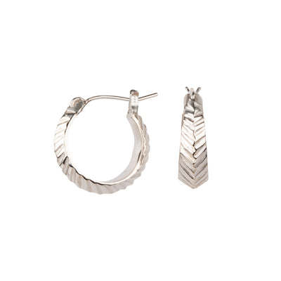  Hoop earrings with hinge closure and herringbone carved texture in sterling silver
