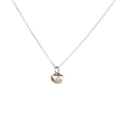 Faceted tiny fragment necklace with a diamond in 14k white gold side view