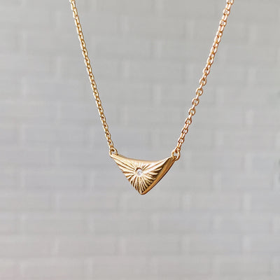 Flash triangular carved sunburst Vermeil Necklace with a diamond center by Corey Egan
