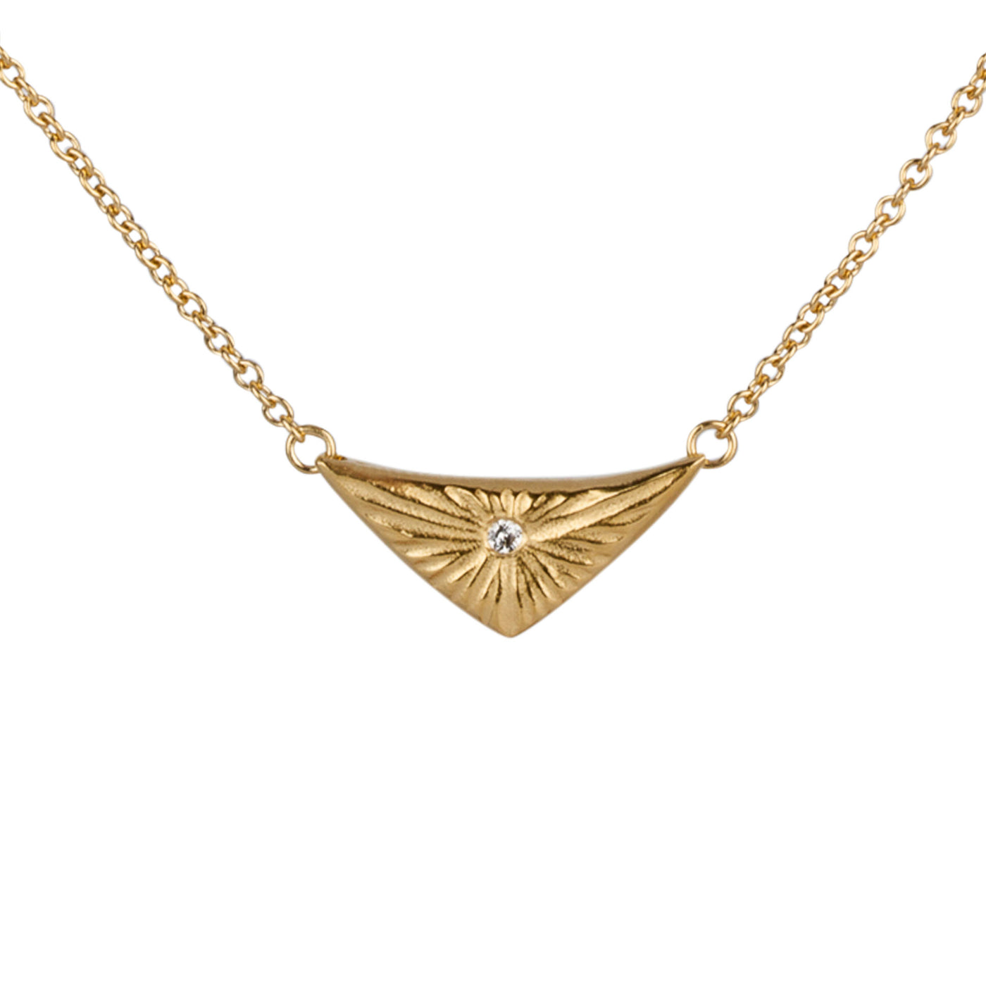 Flash triangular carved sunburst Vermeil Necklace with a diamond center on a white background by Corey Egan