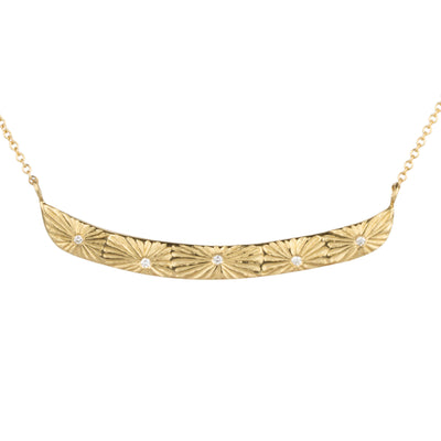 14k yellow gold Luminous bar necklace with five carved sunbursts and five scattered white diamonds