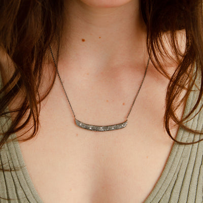 Oxidized Silver Luminous Bar Necklace modeled on a neck