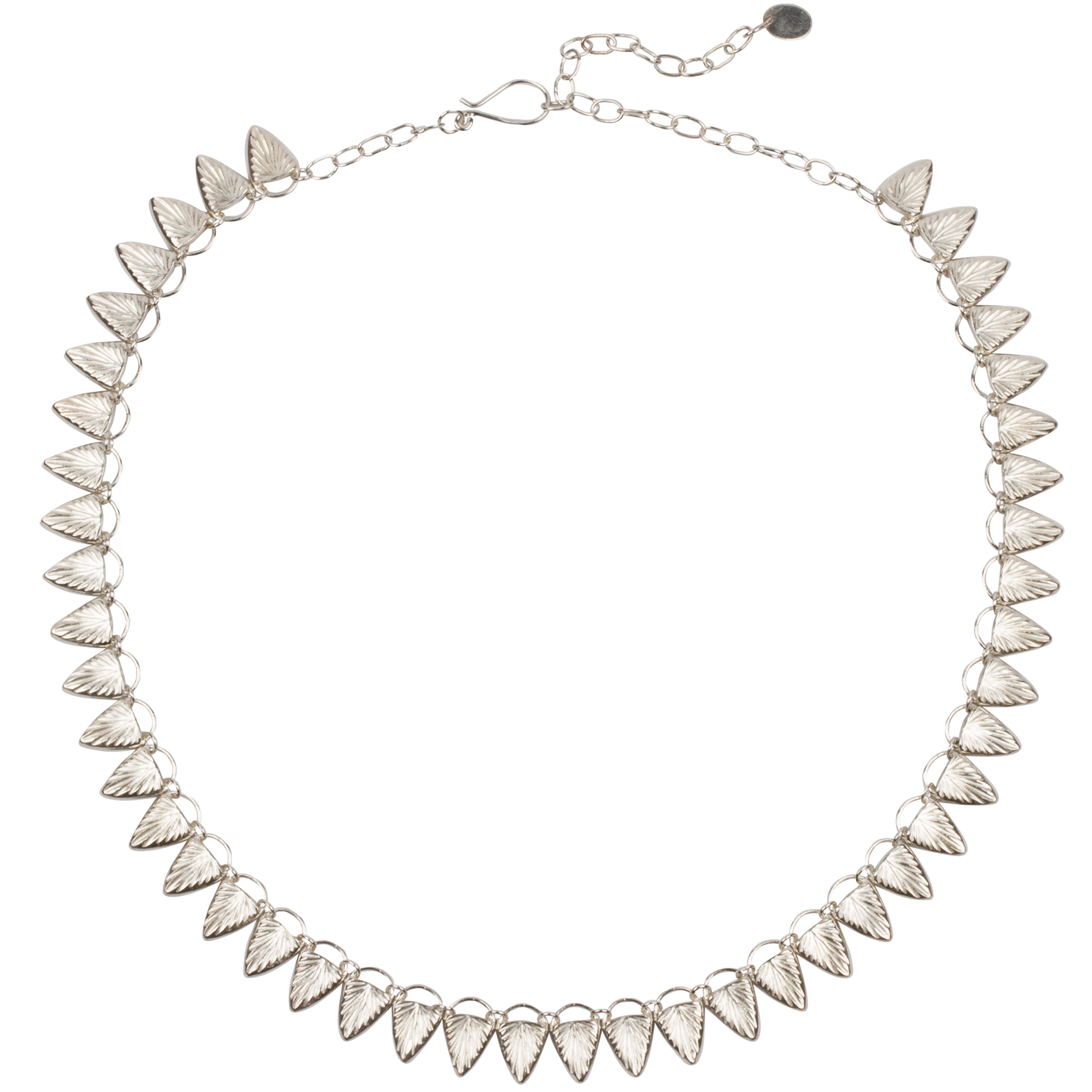 Sterling silver statement necklace made of triangular carved links with a sunburst design on a white background | Corey Egan