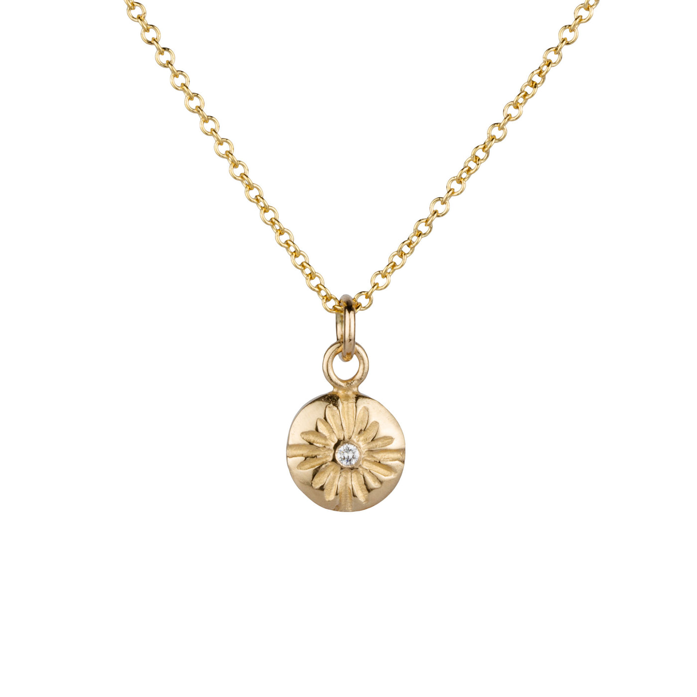 Gold and Diamond Small Sunburst Lucia Necklace on a white background