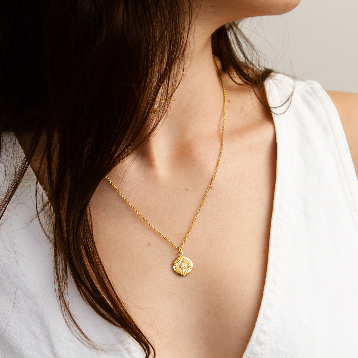 Large Lucia Diamond Vermeil Necklace modeled on a neck