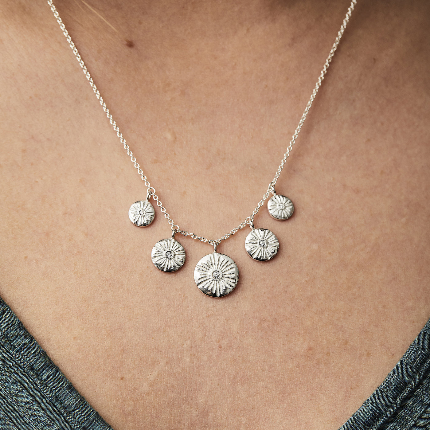 Five Lucia Diamond Silver Necklace around a neck  | Corey Egan