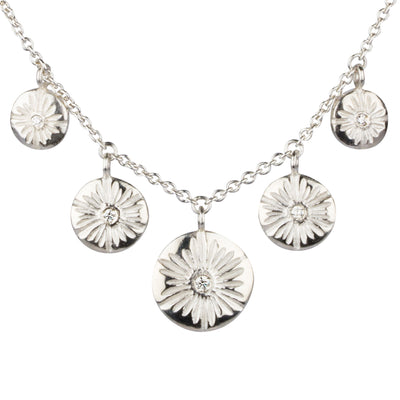Five Lucia Diamond Silver Necklace close up on white | Corey Egan