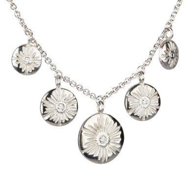 Five Lucia Diamond Silver Necklace close up on white | Corey Egan