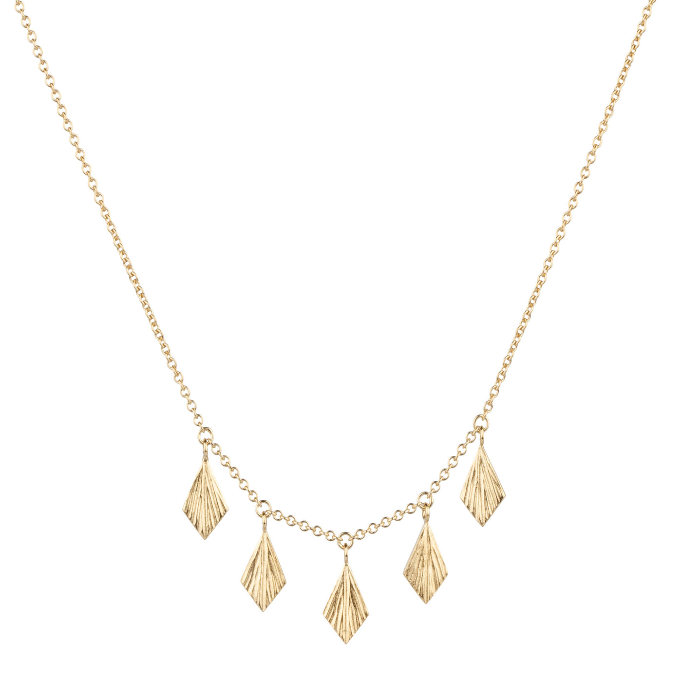 layering bib necklace with five flame fan dangles in gold vermeil on a white background