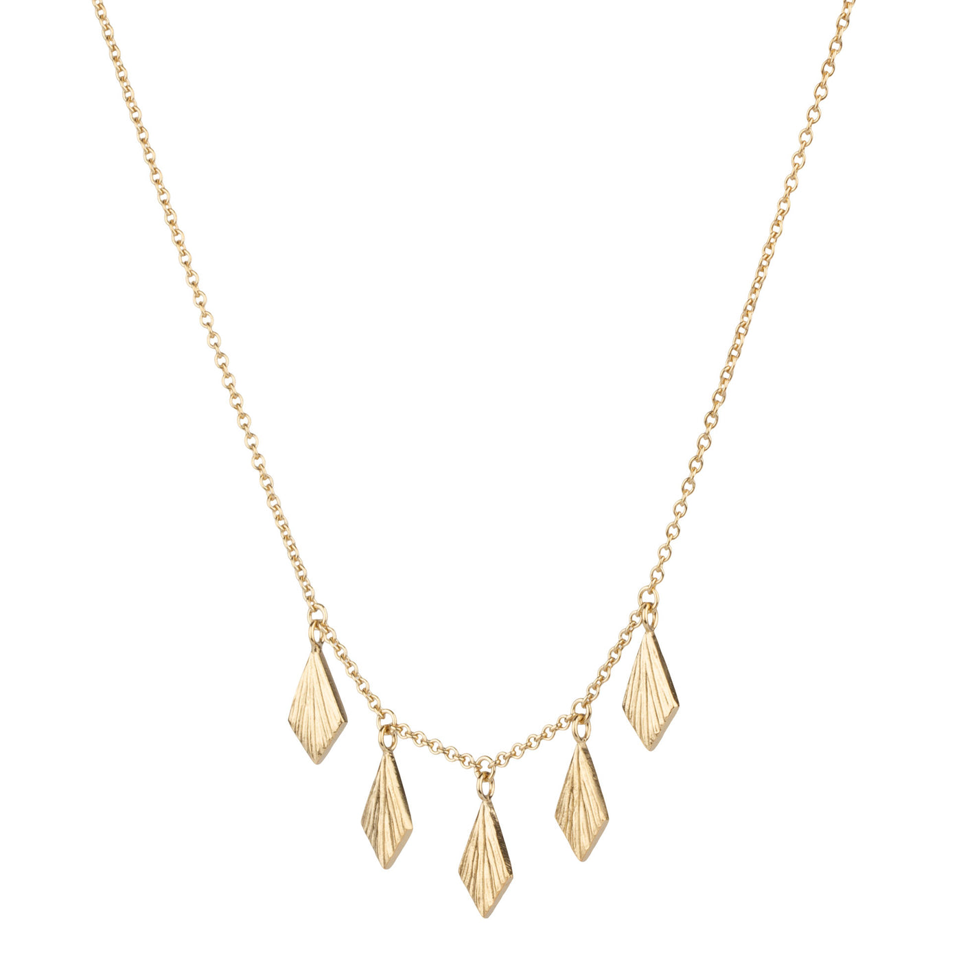 layering bib necklace with five flame fan dangles in gold vermeil side view on a white background