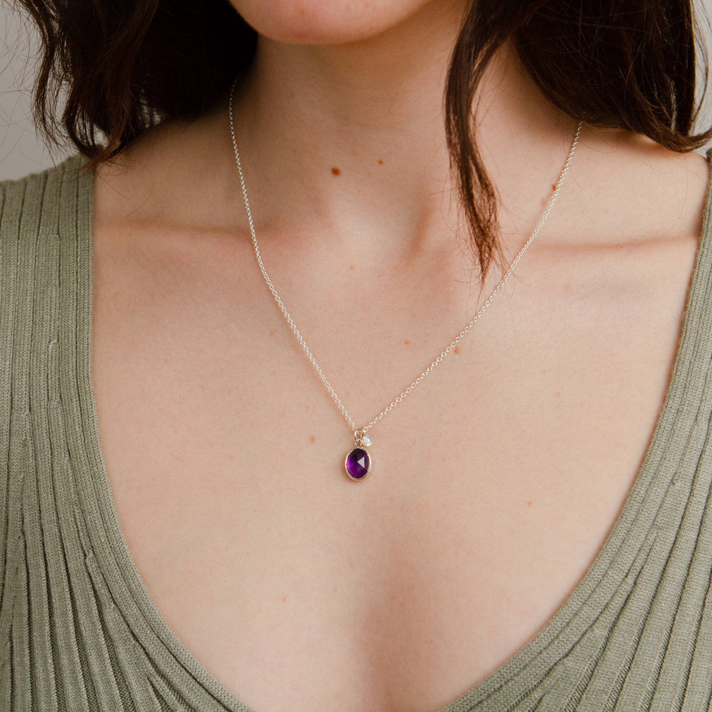 Amethyst Silver Theia Necklace on model