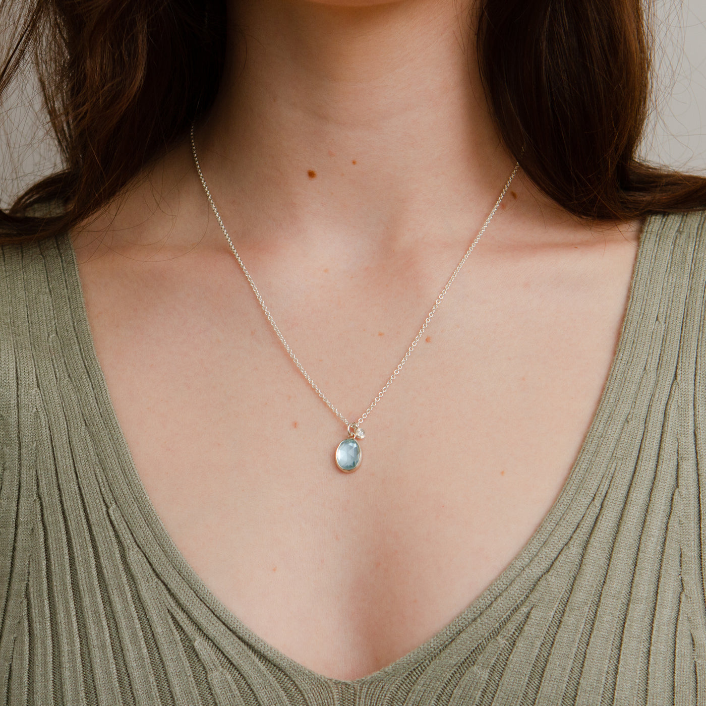 Aquamarine Silver Theia Necklace #5 on a model