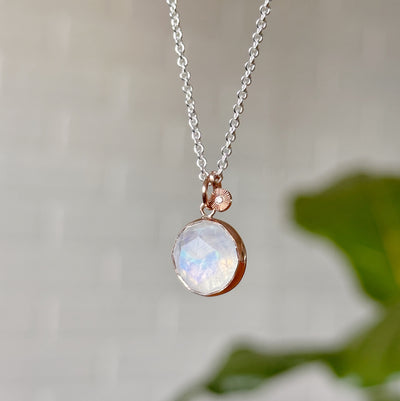 Round Moonstone, Silver, and Rose Gold Theia Necklace