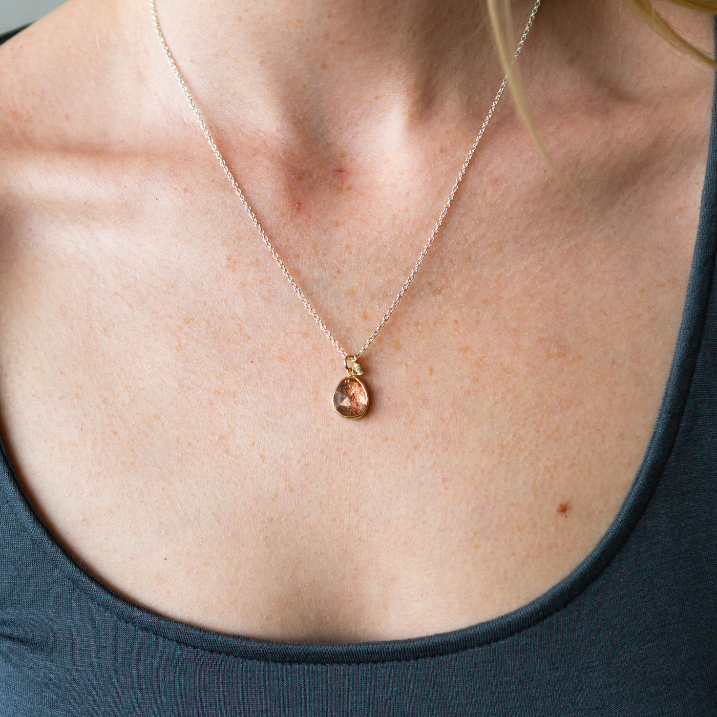 Sunstone, Silver, and Gold Theia Necklace