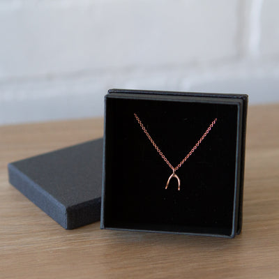 Rose Gold Wishbone Necklace in a gift box