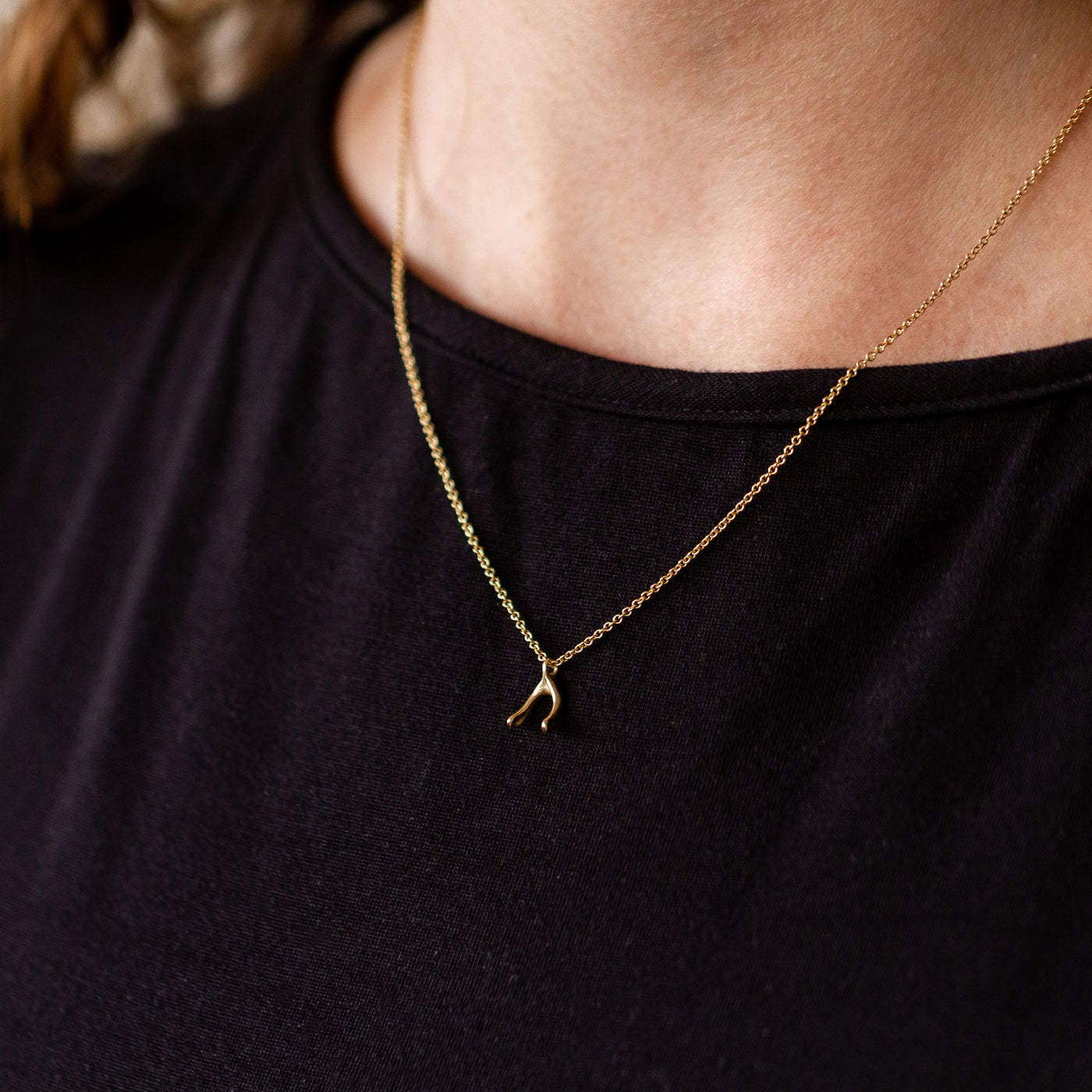 Gold Wishbone Necklace by Corey Egan around a neck